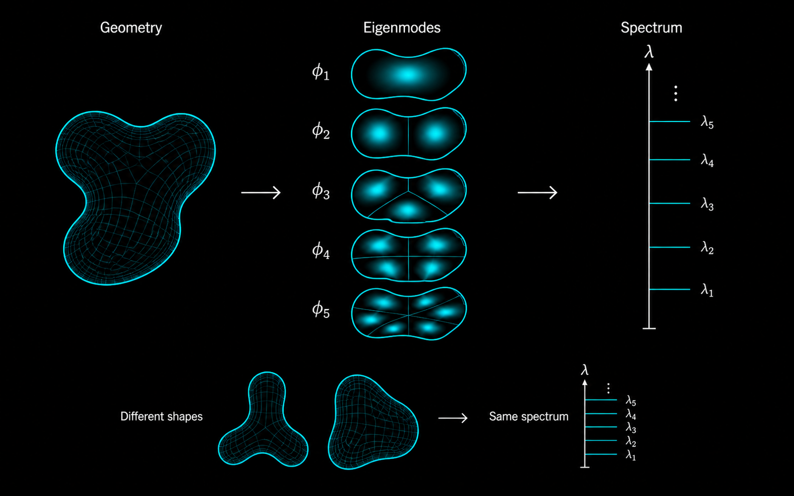 Diagram connecting a curved geometry to its Laplace-Beltrami eigenmodes and discrete spectrum, with a secondary example of different shapes sharing a spectrum.